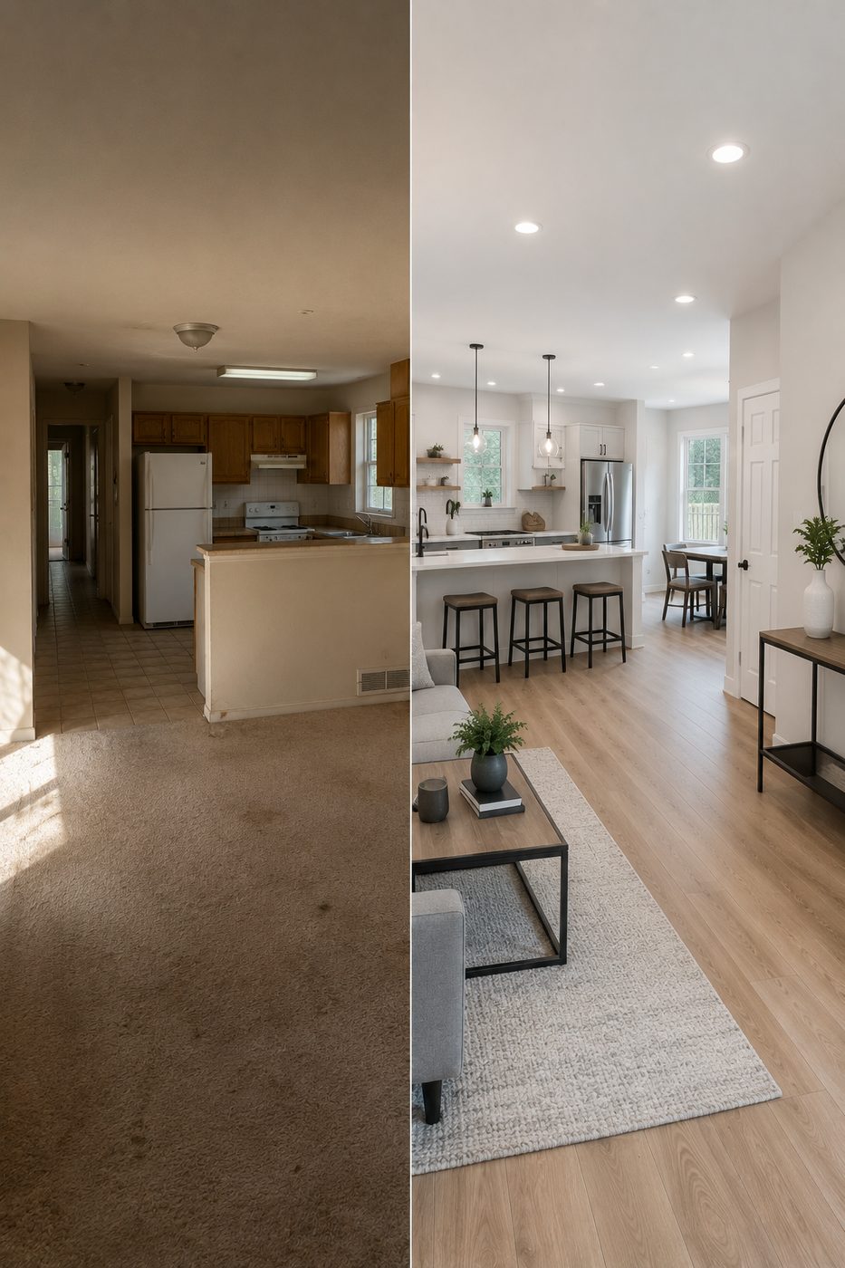 Before-and-after of a flipped Seattle home — dated interior transformed into a bright open-plan space