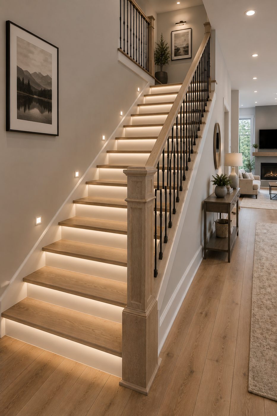 Remodeled staircase with wood treads, LED step lighting and iron balusters in Seattle