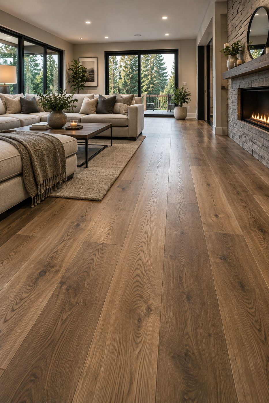 Living room with new wide-plank hardwood flooring in Seattle